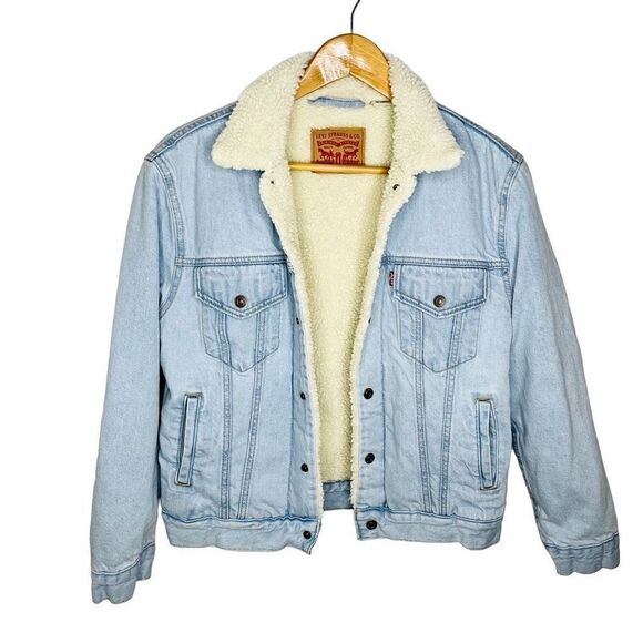 Levi’s Sherpa Women's Light Blue Fleece Collared Denim Jean Jacket Size Small S - Picture 1 of 9